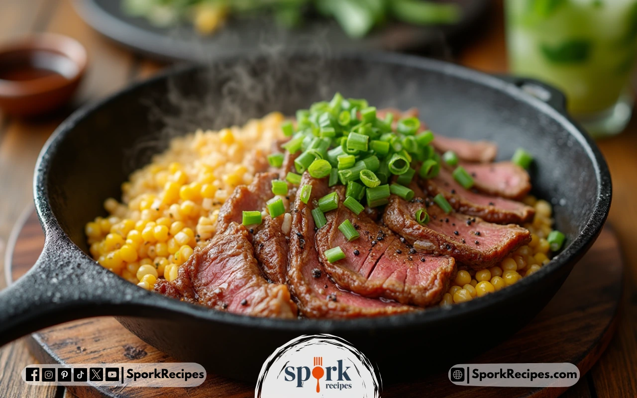 Sizzling homemade Pepper Lunch Recipe with beef and rice on a cast iron skillet