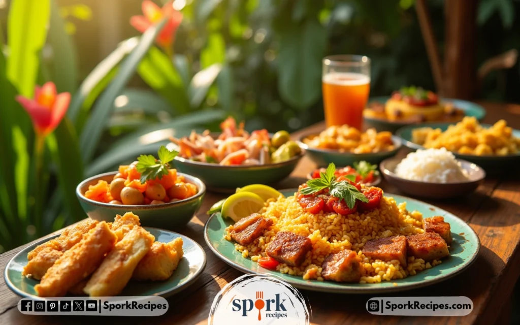 Colorful spread of Puerto Rican Lunch Recipes including arroz con pollo, mofongo, and empanadillas