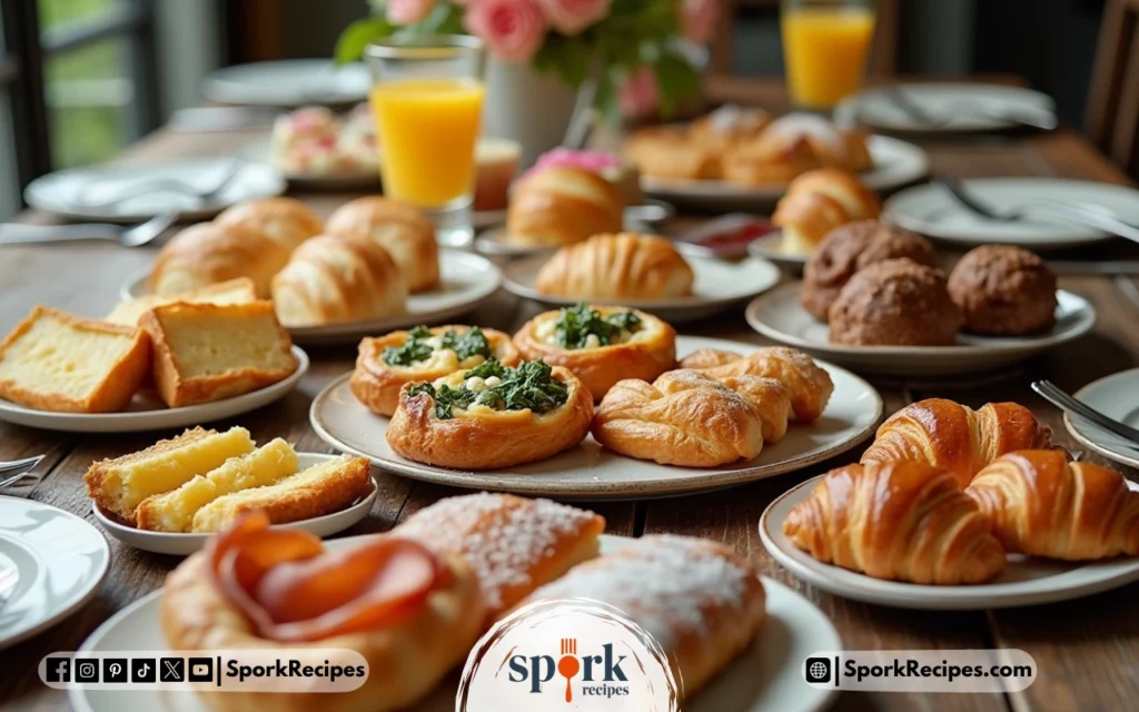 Assorted puff pastry breakfast dishes on rustic wooden table