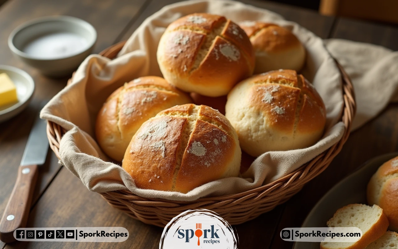 Golden-brown sourdough dinner rolls with crispy crust and soft interior