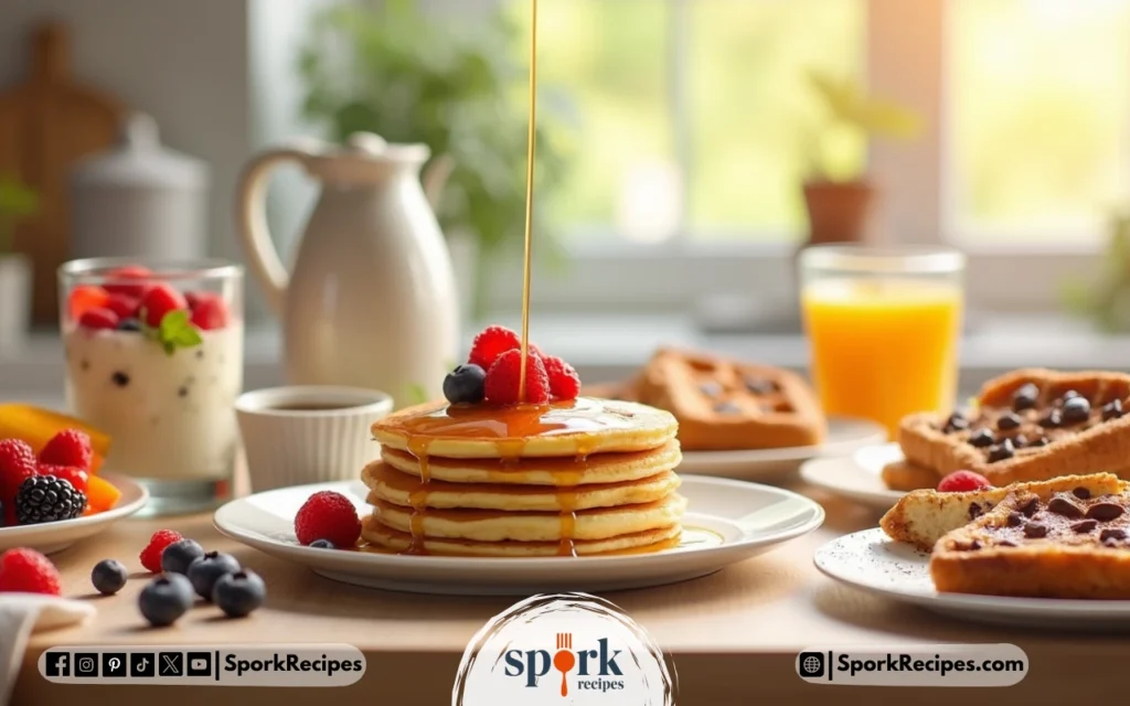 Colorful spread of sweet breakfast dishes including pancakes, waffles, and fruit parfait